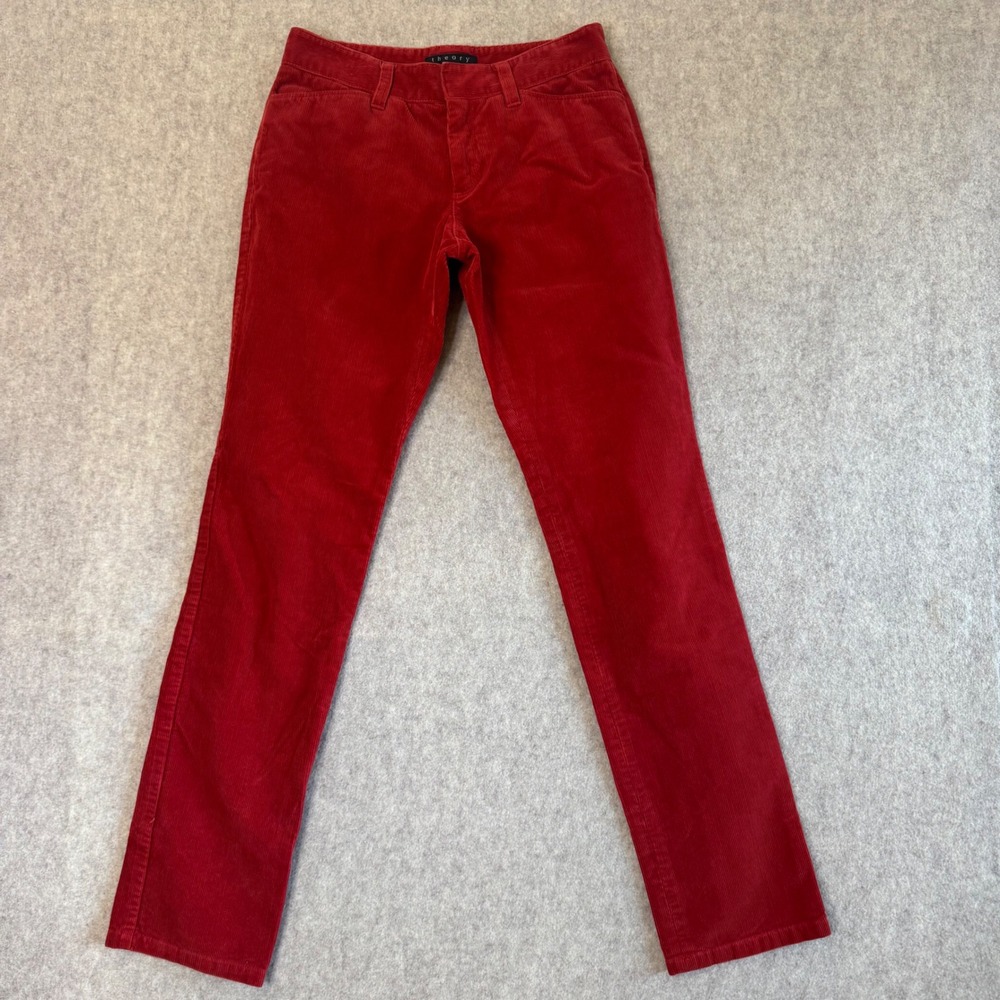 Theory Corduroy Straight Leg Pants Womens 0 Red Slim Fit Casual Classic